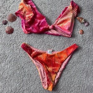 Dippin Daisys Vibrant Pink and Orange Velvet Textured Bikini Set